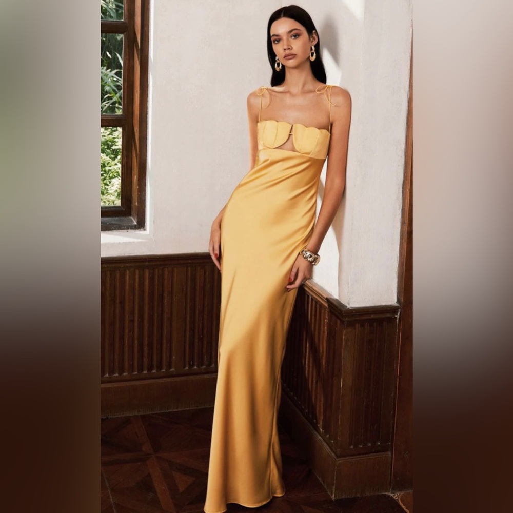 Yellow petal spaghetti strap formal gown prom dress